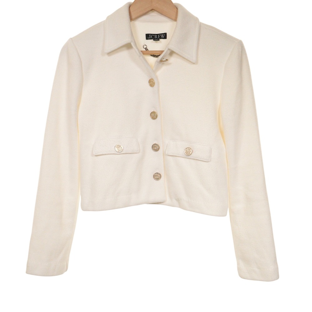J Crew Cropped Lady Jacket Women XS Gold Button Wool Blend White Quiet Luxury